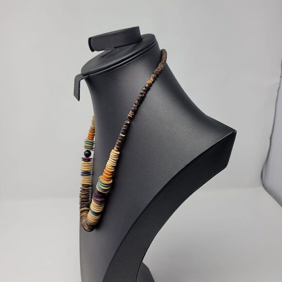Multicolor Wooden Bead Matinee Necklace 22" Primitive Tribal Beachy Boho - Picture 4 of 9